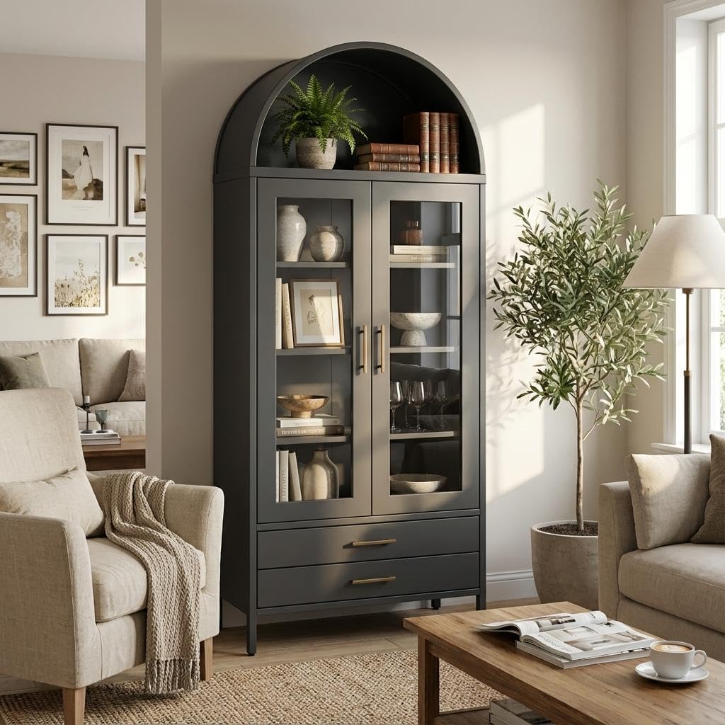 Tall Arched Storage Cabinet 73", Black Metal Curio Cabinet with Glass Door, 2 Drawers and 2 Adjustable Shelves, Modern Freestanding Display Cabinet for Living Room, Dining Room, Entryway, Home Office