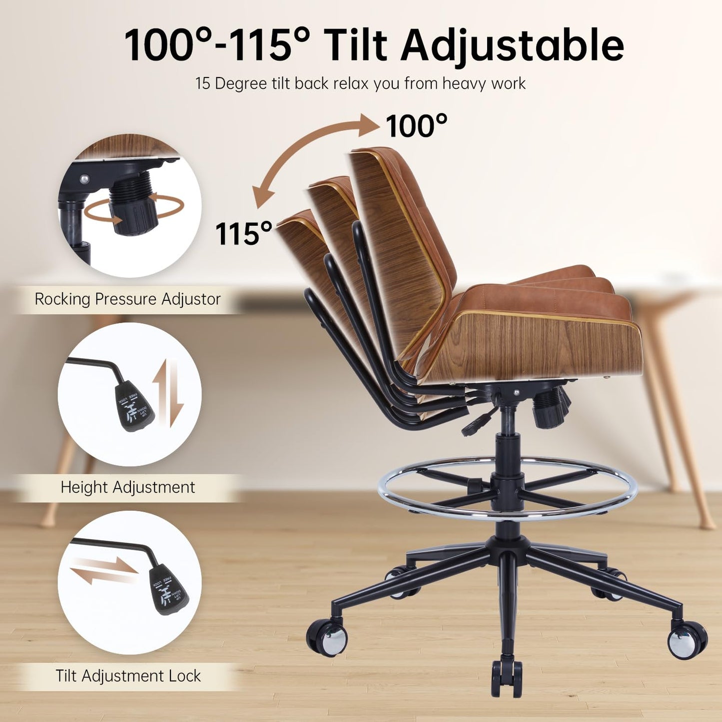 Drafting Office Chair Ergonomic Executive Computer Standing Desk Chair with Adjustable Height and Footrest Ring, Drafting Chair for Counter Height Desk and Drawing (Brown)