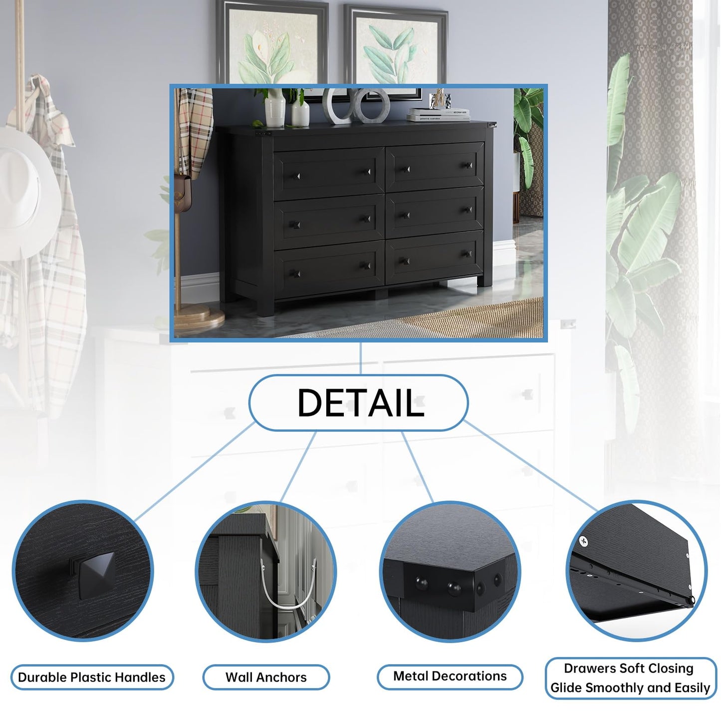 HUANLEGO Black Dresser for Bedroom with 6 Drawers, Modern Chest of Drawers, Wood Dressers Bedroom Furniture Wide Storage Organizer, 6 Drawer Dresser for Closet, Living Room, Hallway