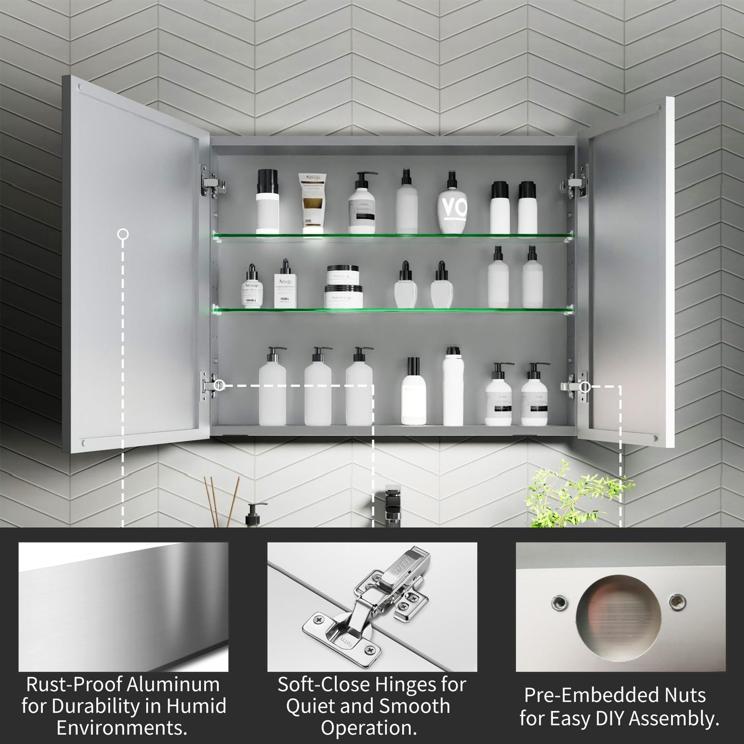 30x24 Inch Recessed Medicine Cabinet with Mirror, Aluminum Medicine Cabinet Mirror, Recessed or Surface Mount with 2 Adjustable Shelves Storage Organizer, Pre-Assembled Door, Soft-Closed System