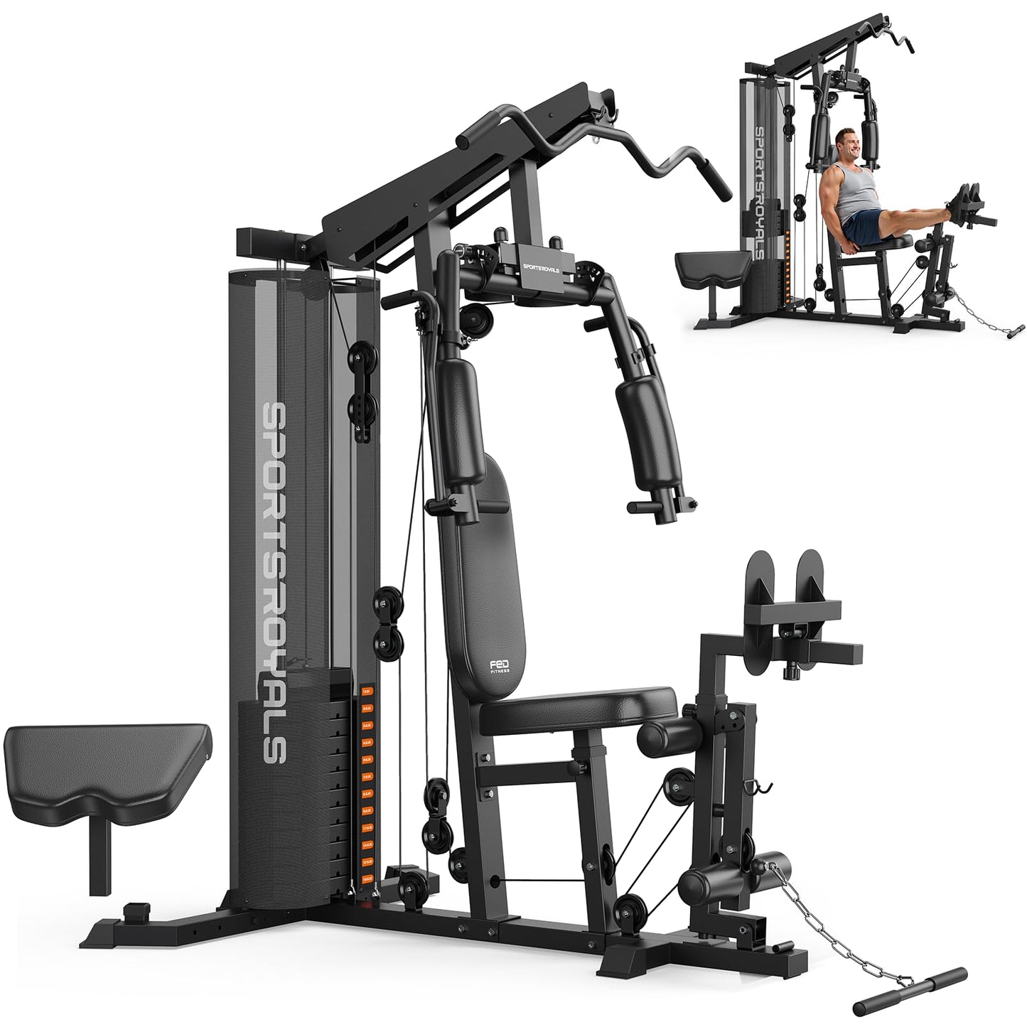 Sportsroyals Home Gym, Multifunctional Workout Station with 150LBS Weight Stack, Full Body Workout Equipment for Home Exercise Fitness (Ink Black)