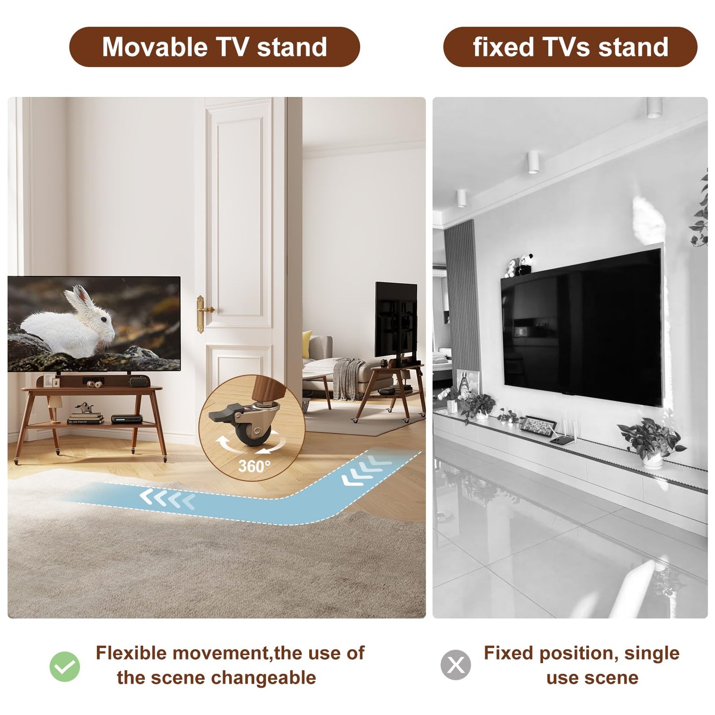 Solid Wood Rolling TV Stand with Power Outlet,Corner Entertainment Center for 40-85 Inch,TV Cart with Storage Shelves,Television Stands with Adjustable Height,Mobile TV Stand for Bedroom,Living Room