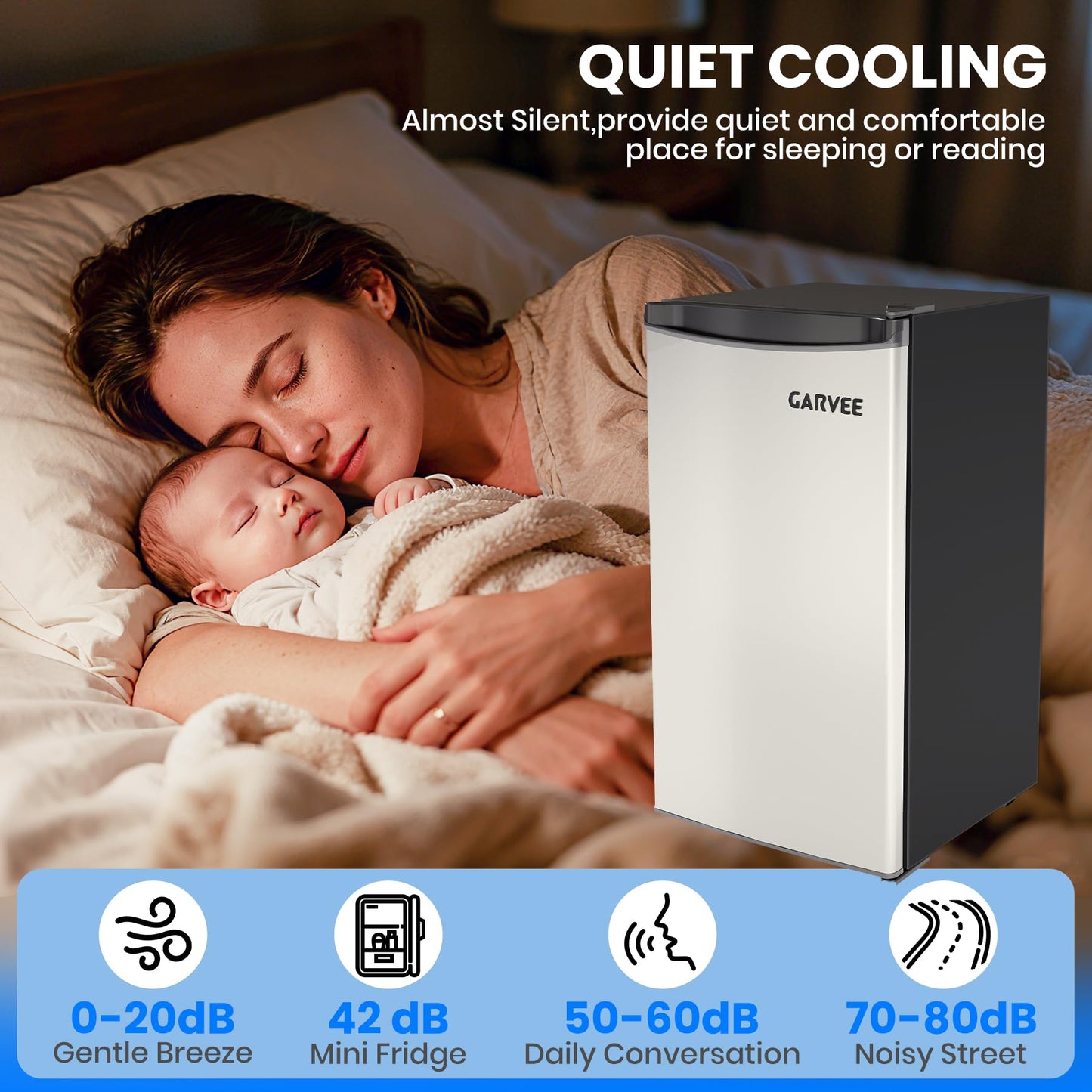 Garvee Compact Mini Fridge with Freezer, 3.2 Cu.Ft - Dual Zone Temperature Control, Single Door, 7 Adjustable Settings, Removable Shelves, Quiet & EnergEfficient - Ideal for Bedroom, Office, Dorm