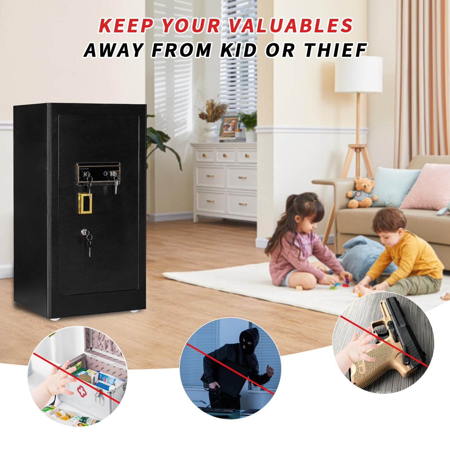 MLJ Large Security Safe - 8.1 Cu. Ft. Waterproof & Fireproof Home Safe with 2 Removable Shelves and Inner Cabinets for Storing Money, Medicines, Jewellery and Other Valuables (Fingerprint Lock)