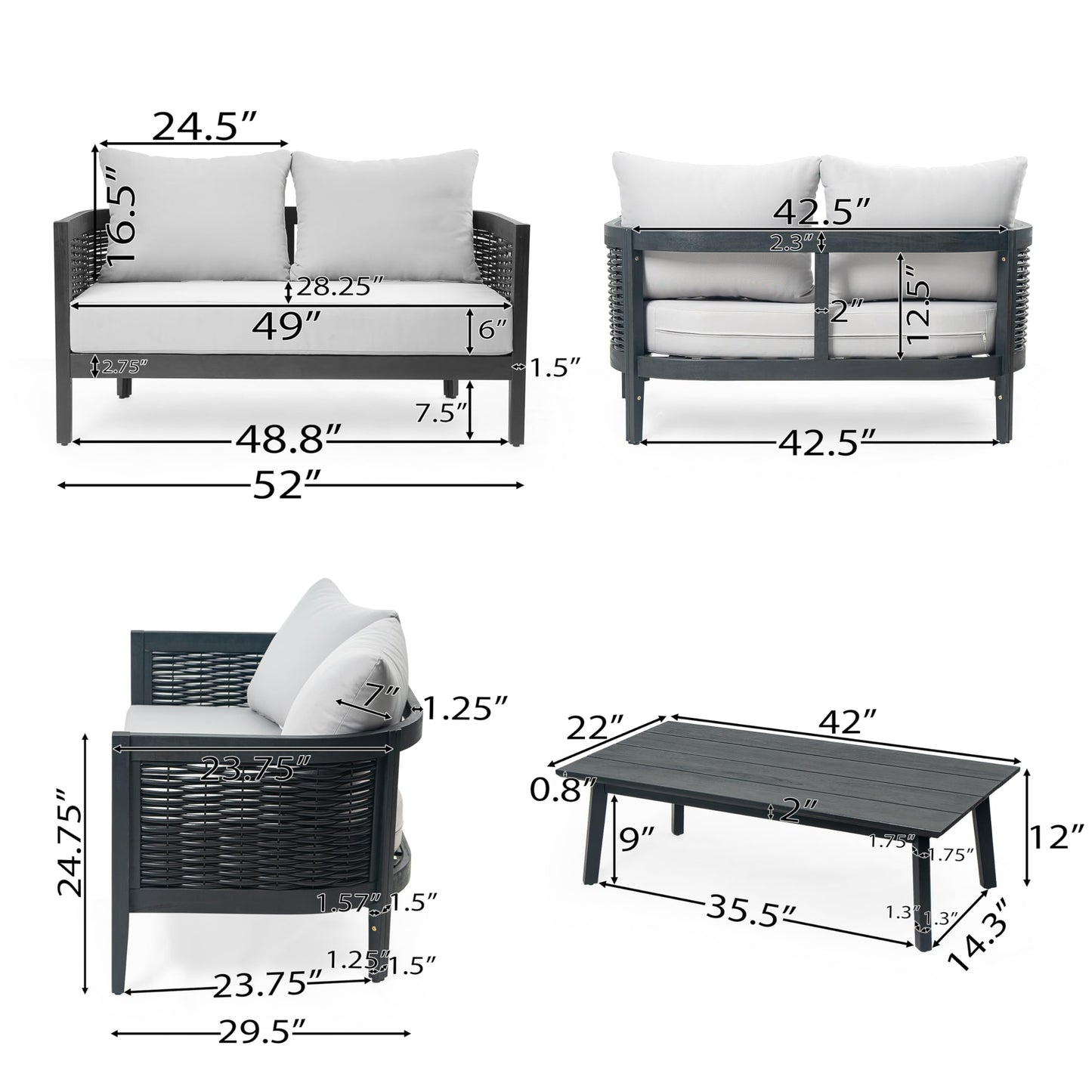Christopher Knight Home Peron Patio 4-Seater Conversation Set, Sofa/Loveseat, 2 Club Chairs, Coffee Table, Cushion+Back Pillows, Acacia Wood+Wicker, Garden, Backyard, Poolside, Black + Light Grey