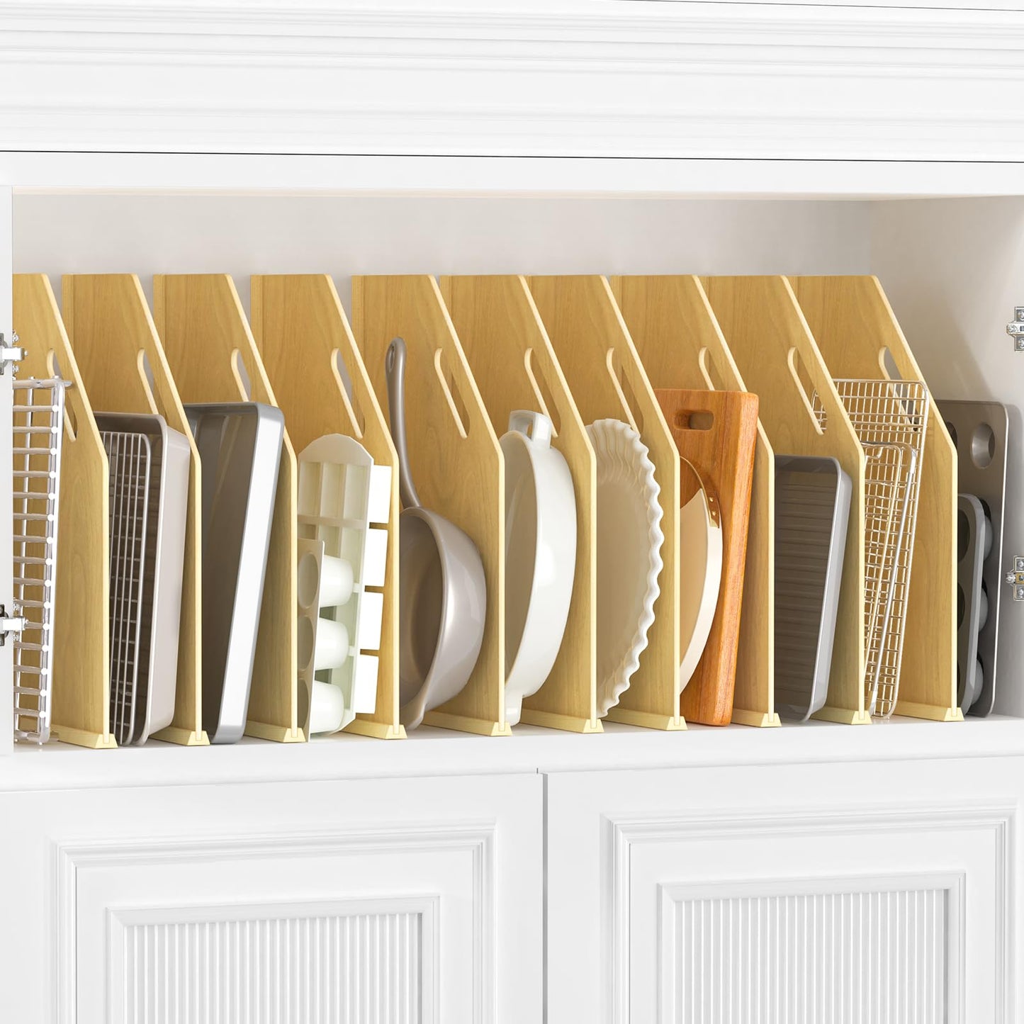 sandpaint 10 Pack Wood Tray Dividers for Cabinet, Cookie Sheet Organizer for Cabinets, No-Cut Kitchen Cabinet Dividers, Cookie Trays for Kitchen, Utility Rooms, Pantry Storage