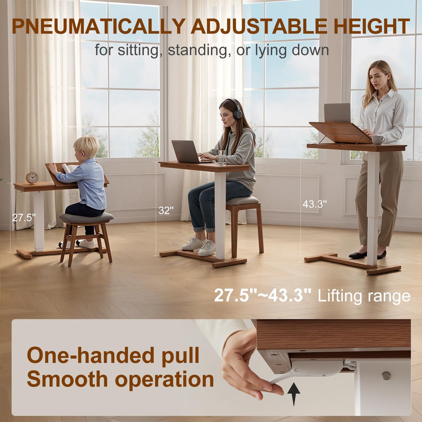 Muwuele Solid Wood Overbed Bedside Table with Wheels, Adjustable Medical Tilt Top Hospital Bed Table Over The Bed, Rolling Laptop Desk, Mobile Standing Desk for Hospital and Home Use (Walnut)
