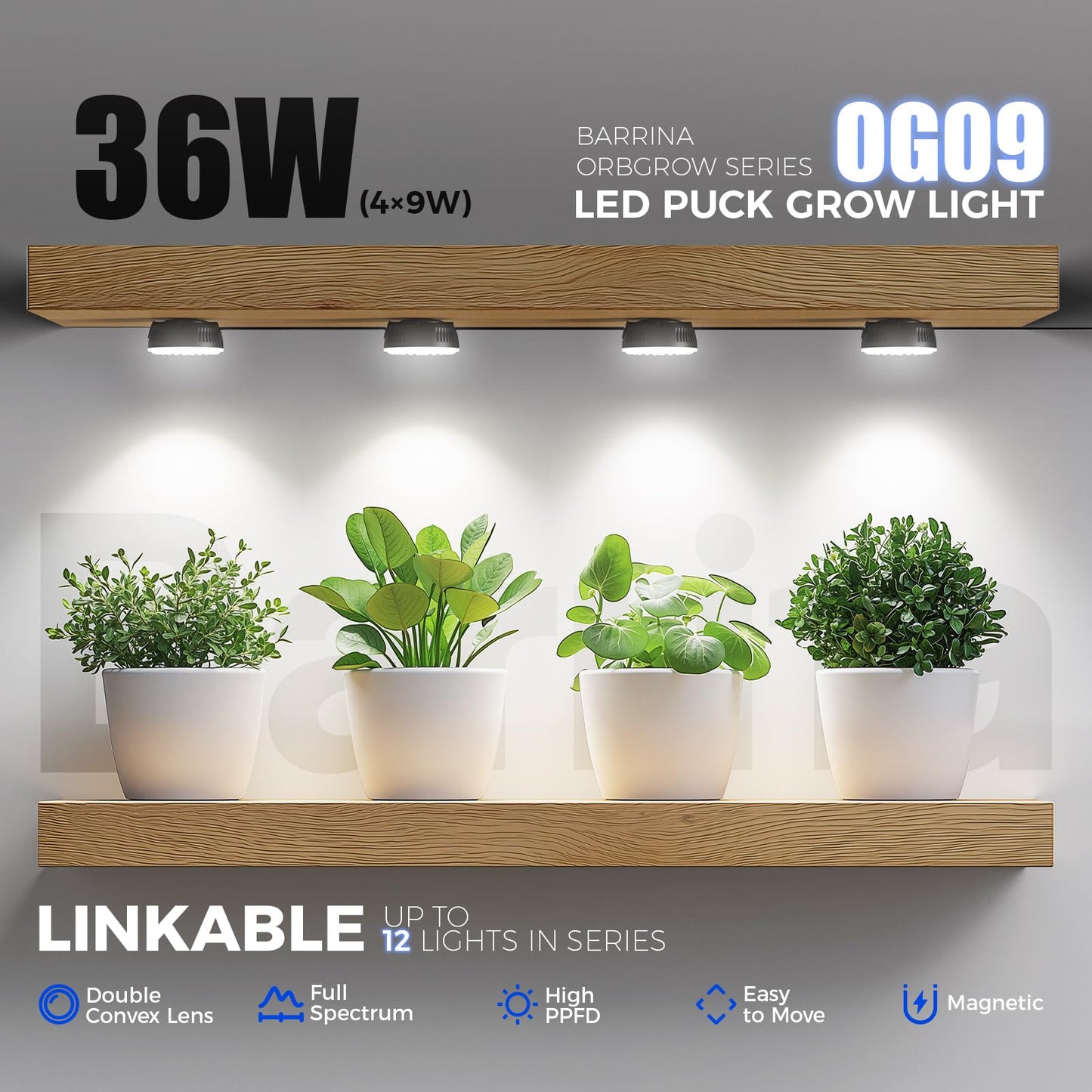 Barrina Puck Grow Light, Full Spectrum 5000K, 36W (4 x 9W), 4 Packs with Timer, Aluminum, Model OG09-B4T, Black