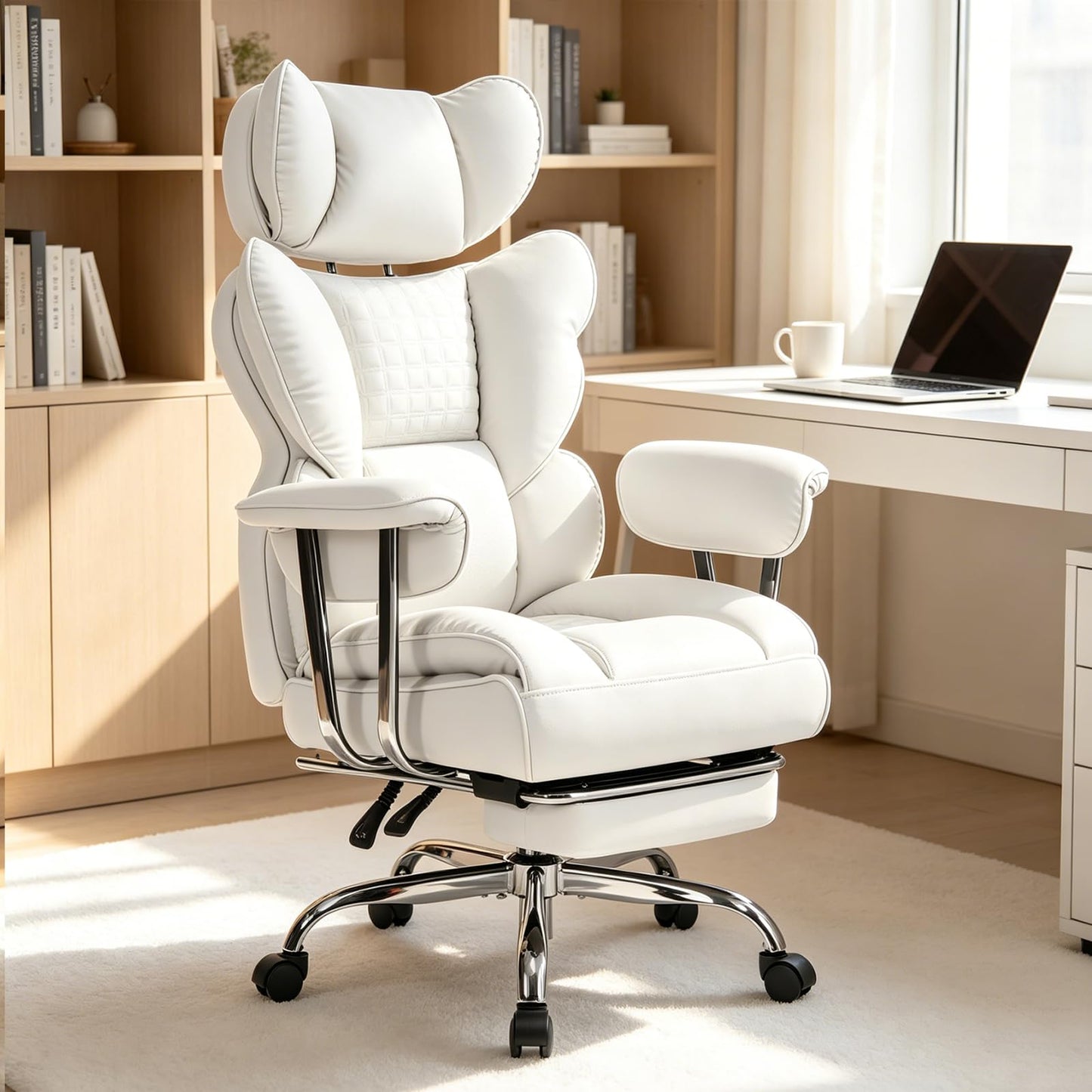 Big and Tall Office Chair 350 LBS, Scratch-Resistant PU Leather Executive Office Desk Chair with Footrest, Ergonomic Reclining Computer Chair with Pocket Spring Support for Home Office, Beige