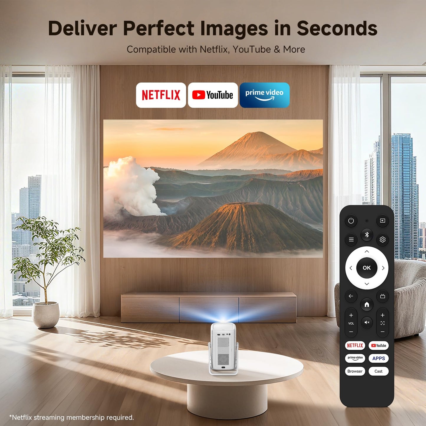 [Short Throw/1500ANSI/Built in Apps] 4K Outdoor Projector with WiFi and Bluetooth, Auto Focus Projector with Dual-Mode Stand, Smart Portable Proyector with Netflix/YouTube/PrimeVideo & Dolby