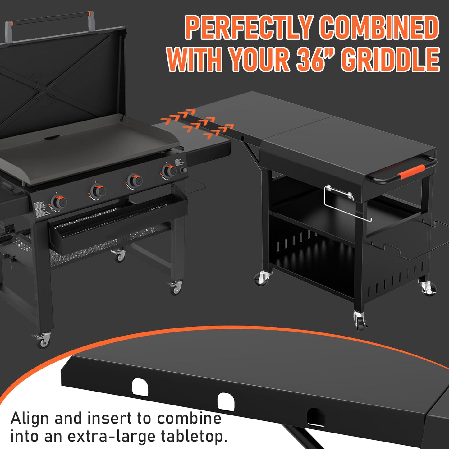 BBQMall Outdoor Grill Table Cart for Blackstone 28"/36" Omnivore Griddle, 50" x 22“ Large Outdoor Kitchen Island with Foldable Side Table for Blackstone 17”/22” Griddle, Home BBQ, Tailgates, Cookouts