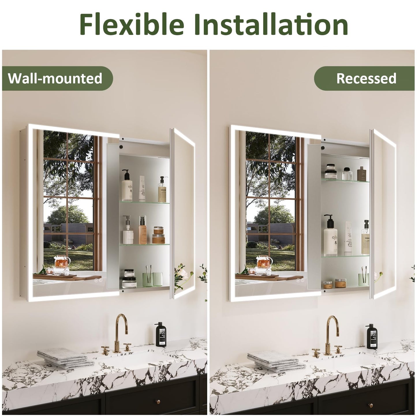 LED Medicine Cabinet Mirror 30x36 IN, Lighted Medicine Cabinet with 3-Colors Dimmable Light, Defog, Medicine Cabinet with Light Built-in 2-Compartment, Sensing Light, 2 Outlets, Recessed or Wall Mount
