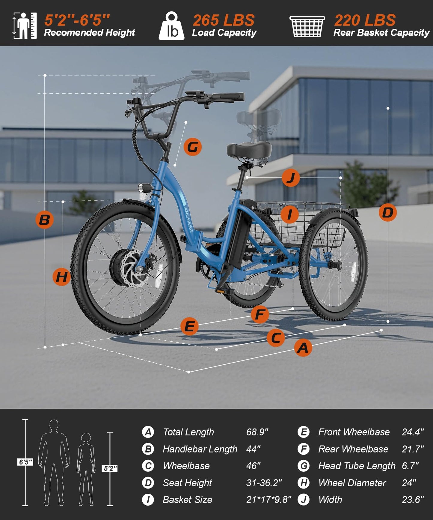 ANCHEER Electric Tricycle for Adults, Peak 600W Folding Electric Trike, 24" 499Wh Ebike for Seniors, 15.5MPH Electric Bike, Removable Battery, 3 Wheel, LCD, Rear Differential, Basket (Blue)