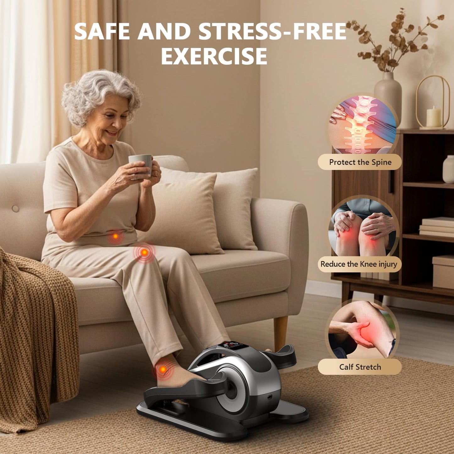 LVPIMAN Under Desk Elliptical Machine for Seniors, Large Size Electric Leg Exerciser with 12 Adjustable Speeds & 12 Modes, Remote Control, Elastic Rope, Manual & Auto Mode for Home Office Use