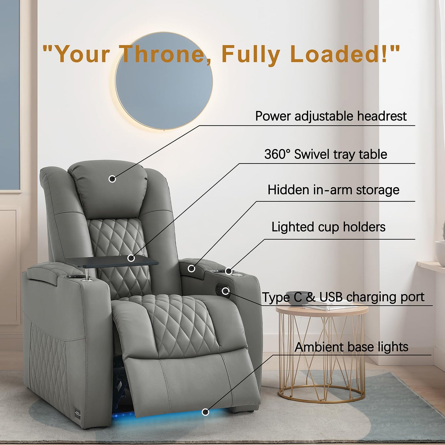 comfiroom Top Grain Leather Home Theater Seating, Classic Series Game Seats Movie Recliner Theater Chairs Recliner Sofa with Type-C Charger Bedroom Sofa Chair for Living Room (Grey, Row of 1)