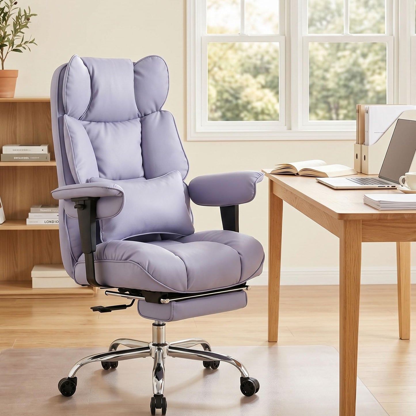 Efomao Big and Tall Office Chair 400lbs - Heavy Duty Reclining Desk Chair with Footrest, Spacious High Back PU Leather Executive Chair, Double-Layer Spring Support, Purple