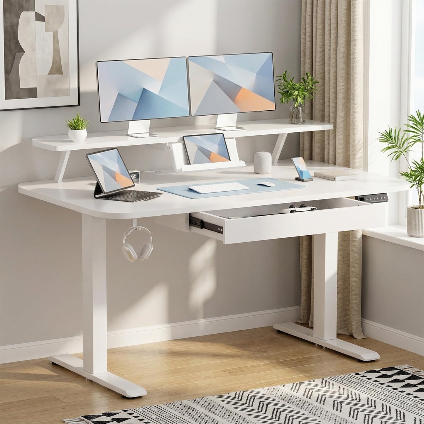 GTPLAYER Electric Standing Desk with Drawers, 48 x 24 Inches Height Adjustable Computer Desk with Monitor Stand, Laptop Stand, Sit Stand up Desk with Memory Preset for Home, Office, Ivory White