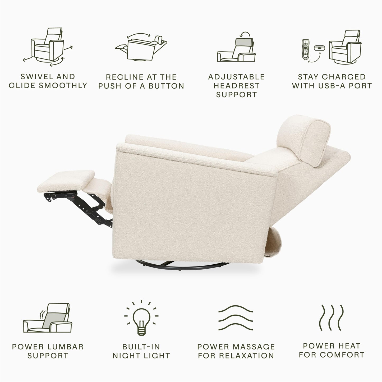 Namesake Willa Deluxe Power Recliner & Swivel Glider with Heat & Massage in Performance Ivory Boucle, Built-in USB Charging Port, Adjustable Headrest | Greenguard Gold & CertiPUR-US® Certified