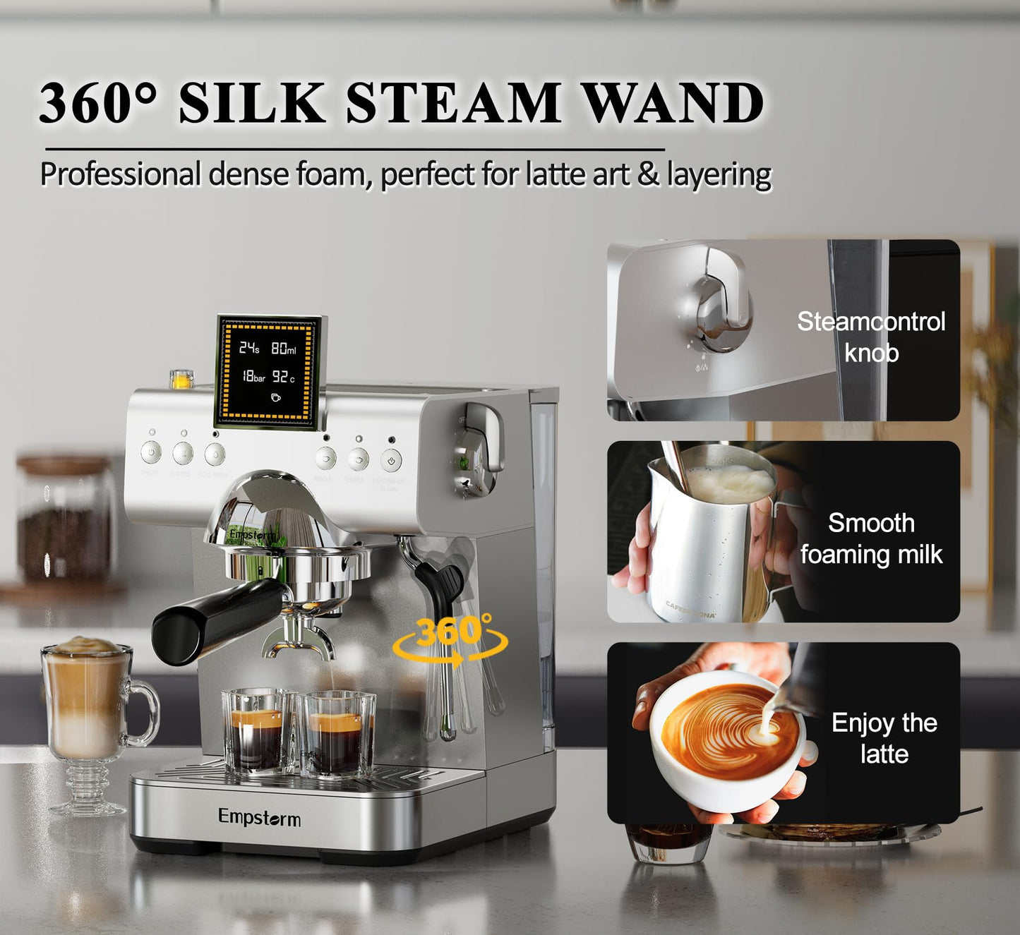 20 Bar Espresso Machine with Milk Frother Steam, Compact Stainless Steel Espresso maker with LED Display Cold Brew & Hot Coffee Maker, Professional Cappuccino Expresso Machine for Home and Office