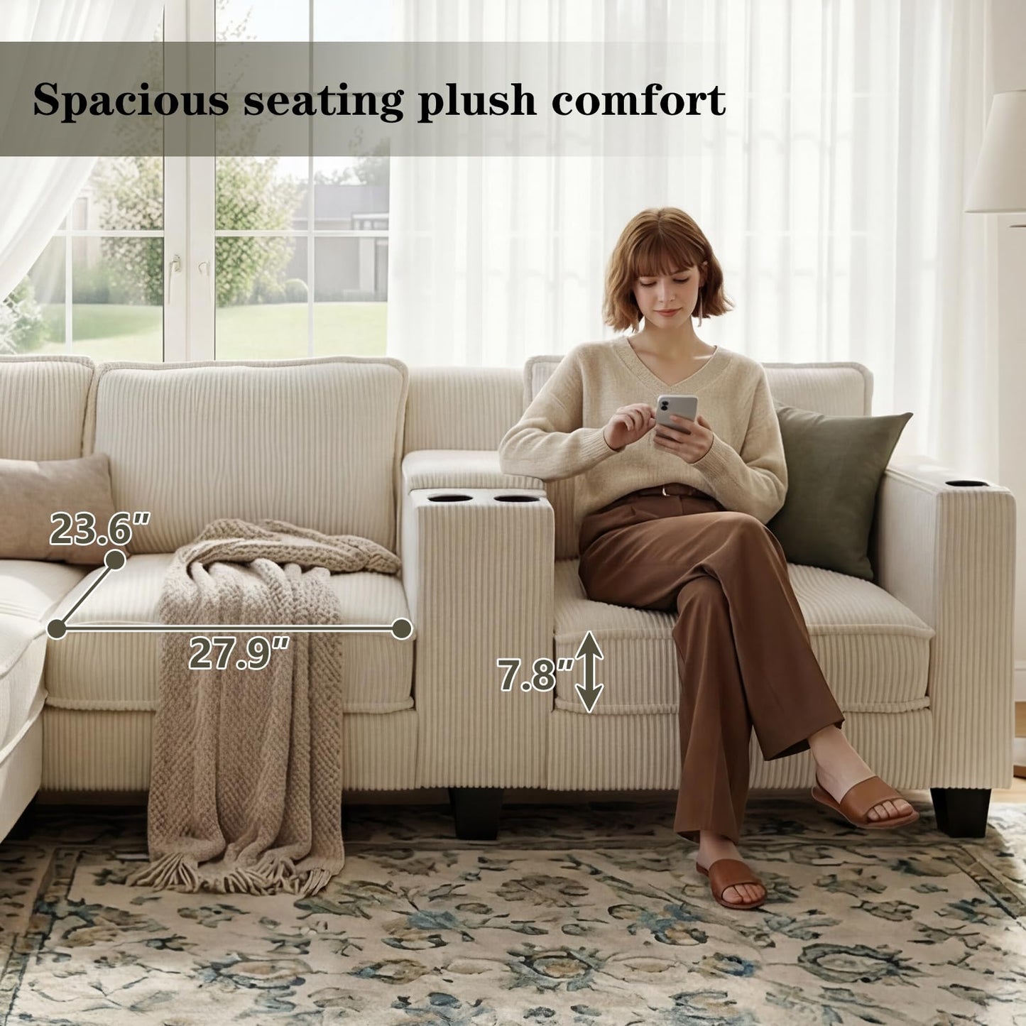105.5" L-Shaped Corner Sectional Sofa with Multi-Functional Storage Console for Home Apartment, Comfy Corduroy Upholstered Cloud Couches W/USB-C Charger & Cupholders