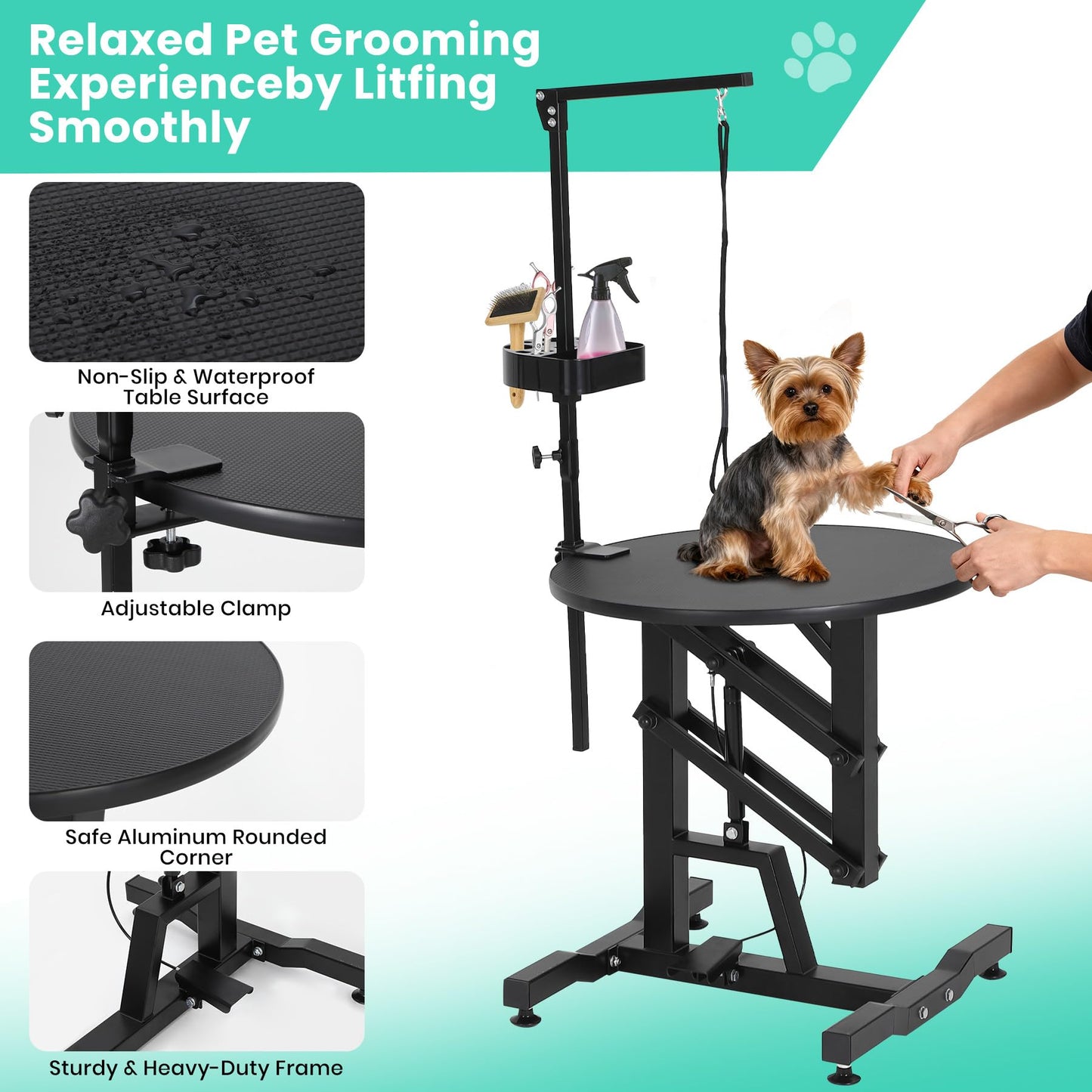 Garvee 24'' Hydraulic Lift Dog Grooming Table, Adjustable Cat Drying Rotating Desktop - Foldable, Adjustable Arm, Portable, Non-Slip Grooming Table for Large Small Dogs at Home, Capacity 250LBS