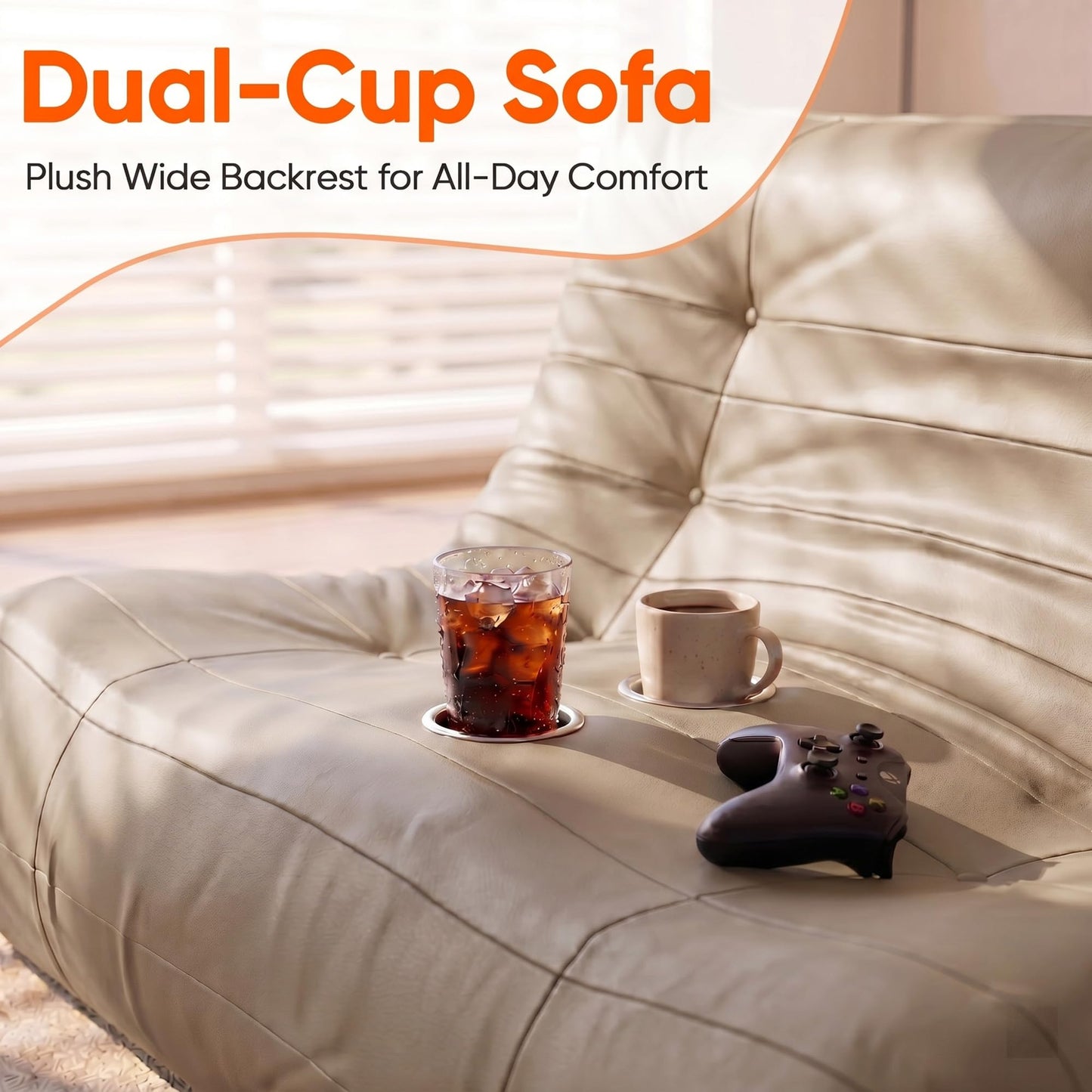 YESHOMY Boneless Loveseat Couch, Oversized Ergonomic Floor Sofa Couch, Durable PU Leather Sofa with Cup Holders, No Assembly Fireside Couches for Living Room, Bedroom (Khaki)