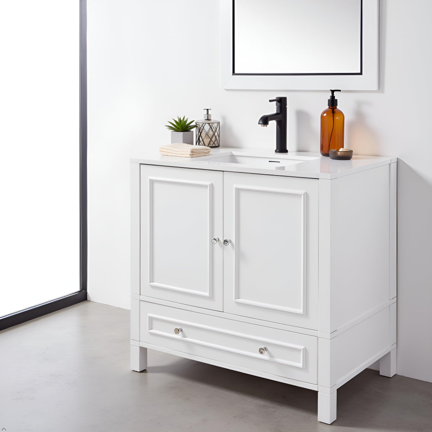 Alaterre Furniture Williamsburg 36 Inch Bathroom Vanity - Freestanding Cabinet Without Sink - Large Wood Vanity with Soft-Close Doors (White)