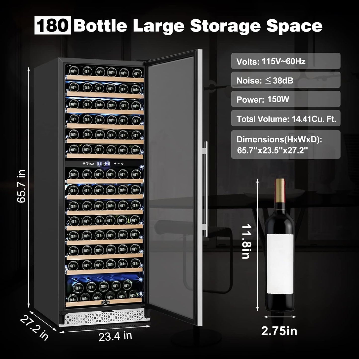 Tylza 24 Inch Wine Fridge Dual Zone, 180 Bottles Wine Cooler Refrigerator With Stainless Steel and Professional Compressor, Fast Cooling Low Noise and No Fog Built-in or Freestanding