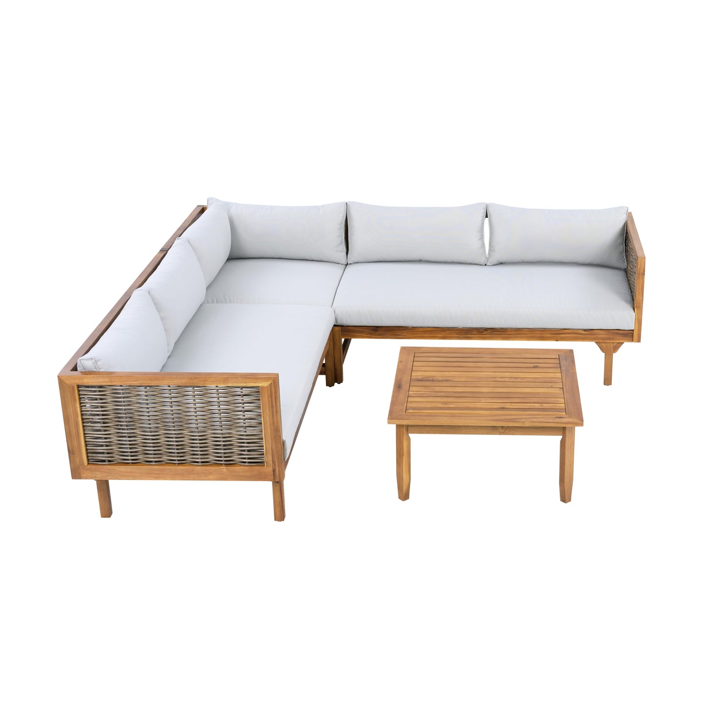 Christopher Knight Home Tenntt 5-Seater Acacia Wood Patio Furniture Set, Outdoor Conversation Sofa Chat Set with Coffee Table, Wicker Arm, Sectional Seating Group for Backyard Balcony, Teak+Light Gray