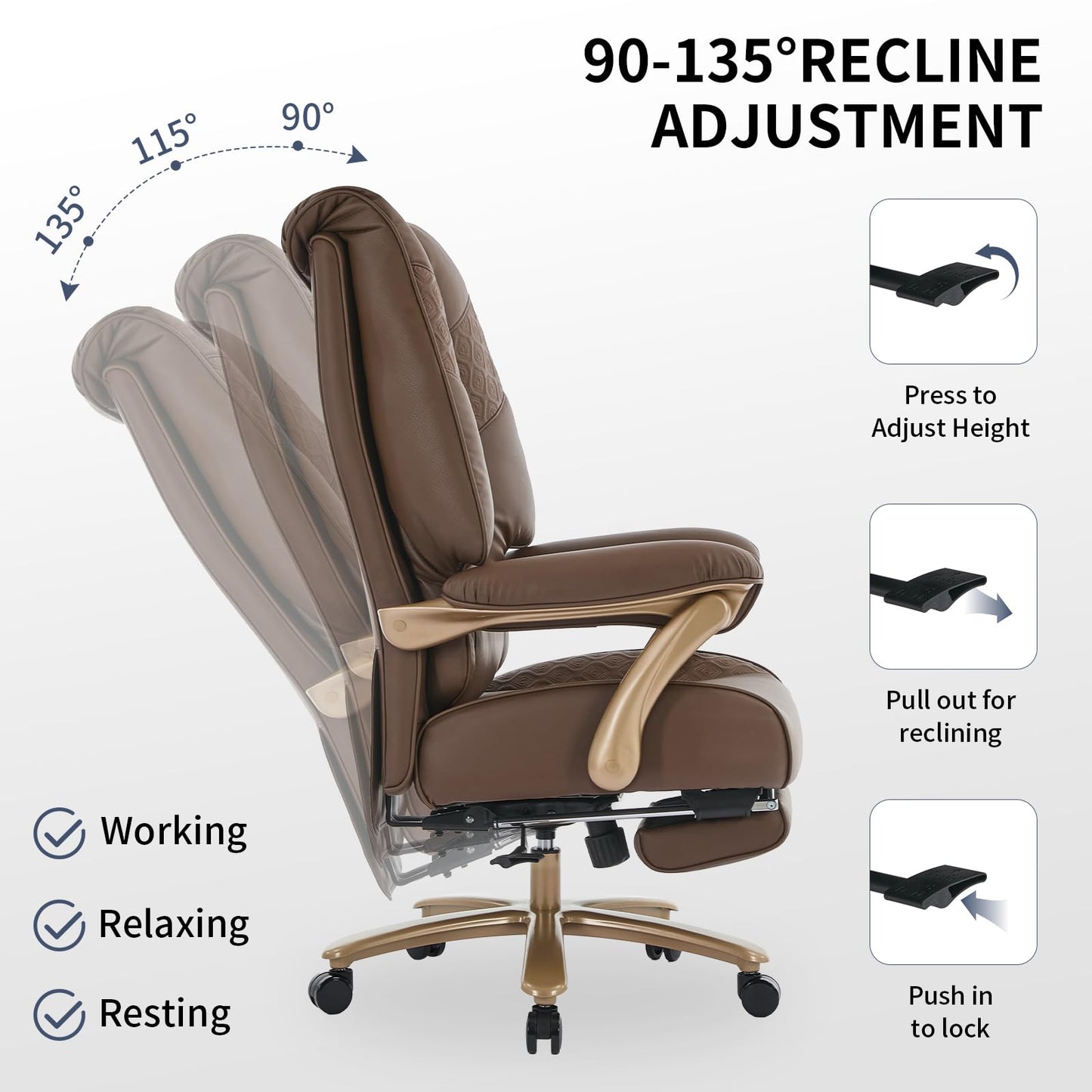 EXCEBET Big and Tall Executive Office Chair with Footrest, 400LBS Capacity Ergonomic High-Back Desk Office Chair with Lumbar Support, Padded Armrests & Thick Cushion, Brown PU Leather Chairs
