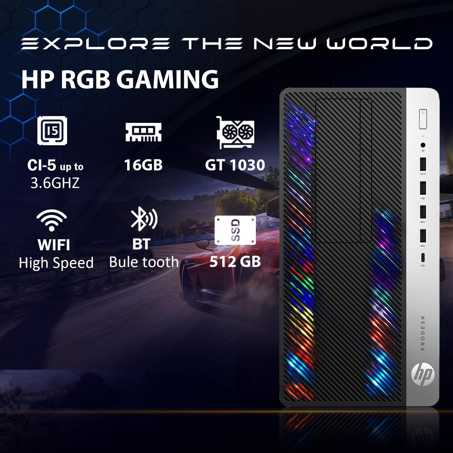 HP RGB Gaming Desktop Computer, Intel Quad Core I5-6500 up to 3.6GHz, GeForce GT 1030 2G, 16GB DDR4, 512G SSD, RGB Keyboard & Mouse, 600M WiFi & Bluetooth 5.0, Windows 11 (Renewed)