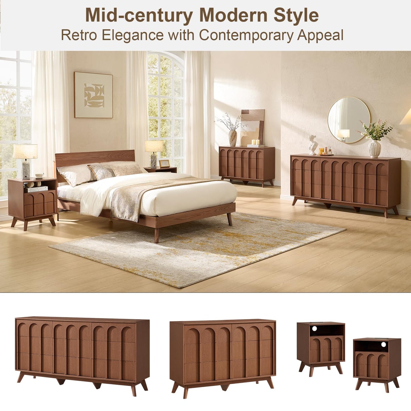 Oak&Sparrow Mid Century Modern Dresser for Bedroom, Walnut 9 Drawer Dresser with Arched Front, 63'' Wide Chest of Drawers Wood Storage Organizer for Living Room