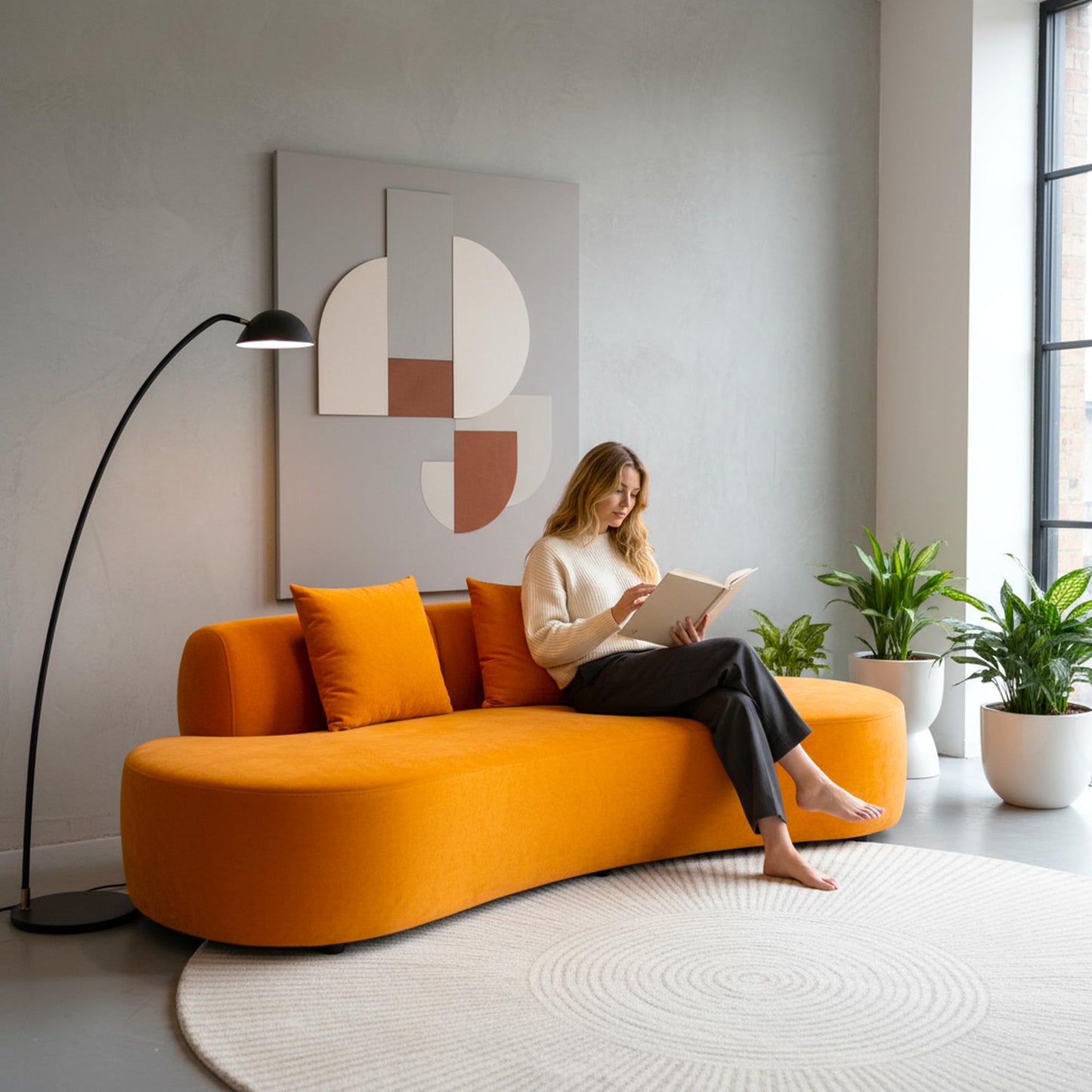 Container Furniture Direct 90" Curved Sofa with Throw Pillows, 4 Seater Luxury Velvet Couch with Half Moon Design and High-Density Foam, for Modern Living Room, Office & Apartment, Orange