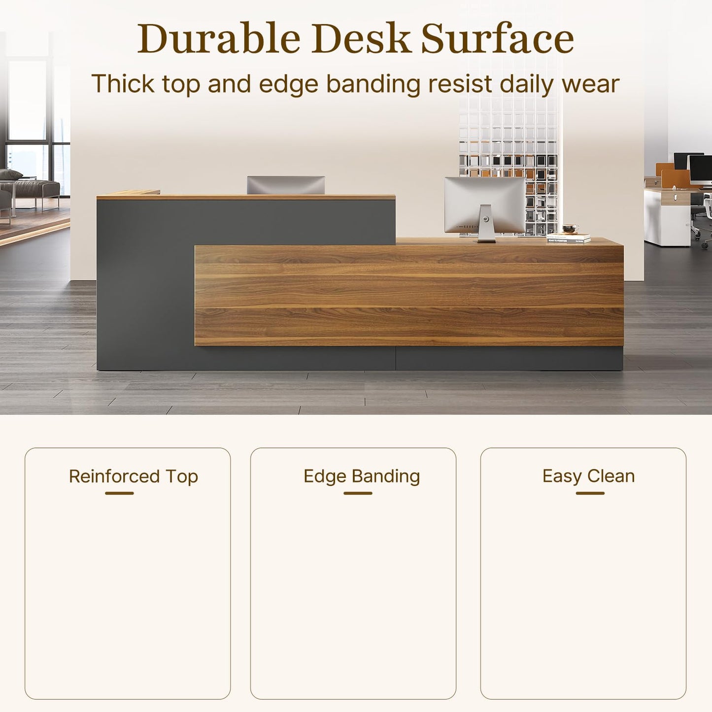 Nuipesn 94" Modern L-Shaped Reception Desk, Front Desk Counter with Drawer, Keyboard Tray and Storage Shelves, Right Layout, Dark Walnut
