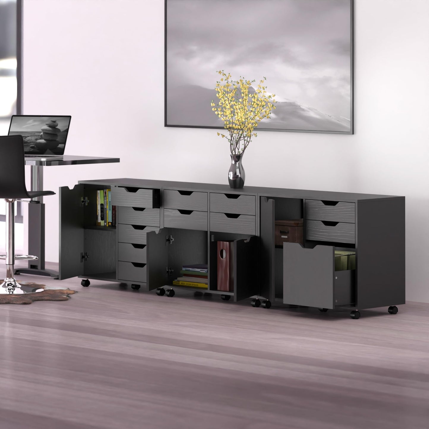 Halifax 3-Pc Cabinet Set with File Drawer, Black