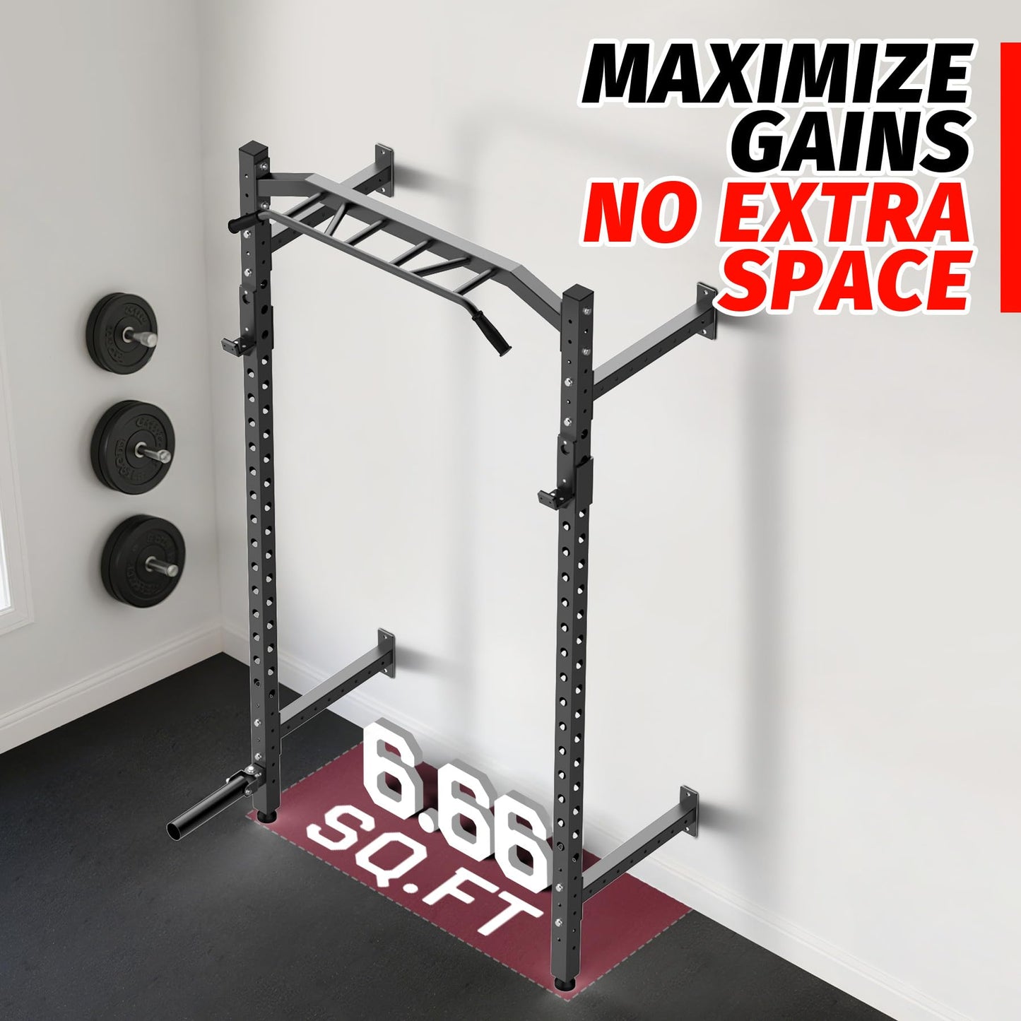 Garvee Wall Mounted Power Rack, 1600LB Commercial Squat Rack for Home Gym with Multi-Grip Pull Up Bar, j-Cups & Landmine Attachment for Home and Garage Gym