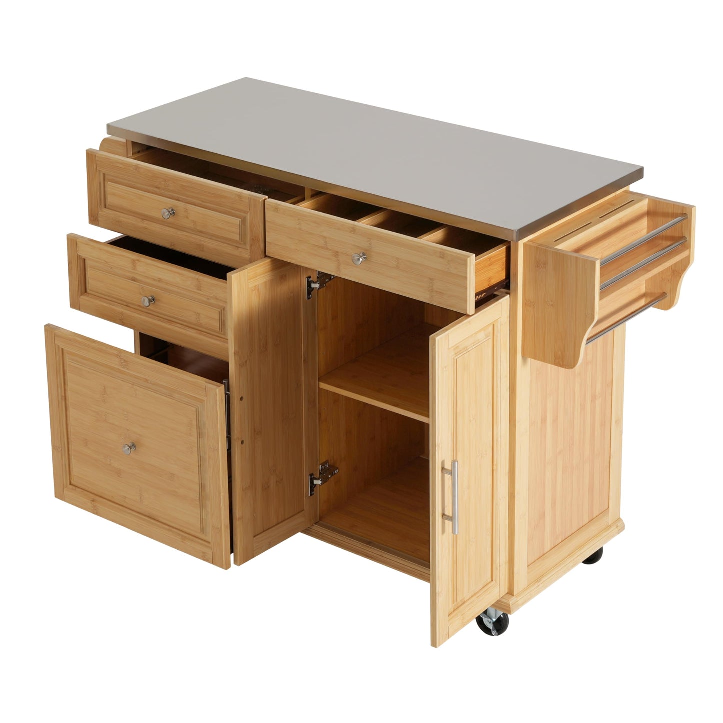Merax Indoor Bamboo Rolling Kitchen Island with Stainless Steel Top – Mobile Cart with Drawers, Cabinet & Towel Rack for Dining & Bar