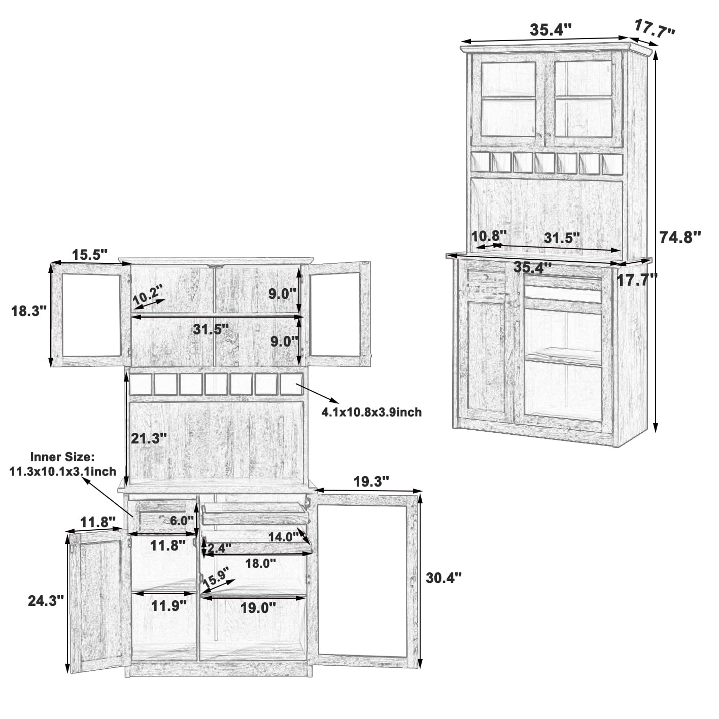 Merax 35.4"x17.7"x74.8" Farmhouse Freestanding Buffet with Hutch, Kitchen Pantry Storage Cabinet with Wine Rack and Adjustable Shelves for Dining Room, Natural