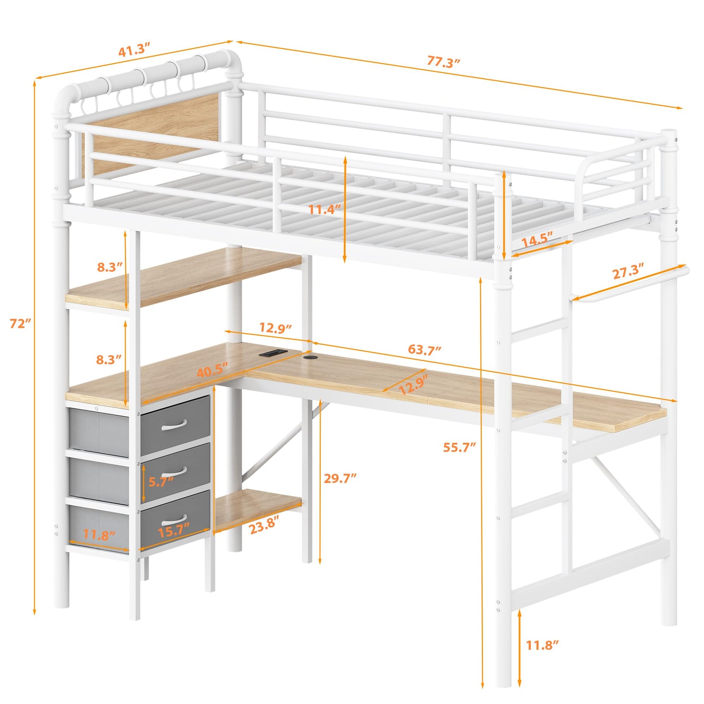 Jocoevol Twin Size Loft Bed with L-Shaped Desk, LED Lights,Charging Station, Industrial Heavy Duty Metal Loft Bed Frame with 3 Storage Shelves and 3 Fabric Drawers, Safety Guard & Ladder, White