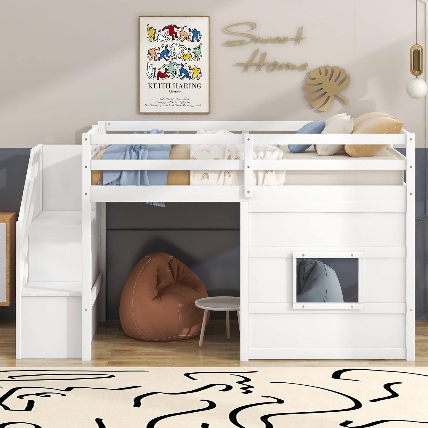 Merax Twin Size Loft Bed with Storage Staircase, Solid Wood Loft Bed Frame with LED Light and Safety Guardrail, Under-Bed Play Space, Playhouse Beds for Kids, Boys, Girls,White