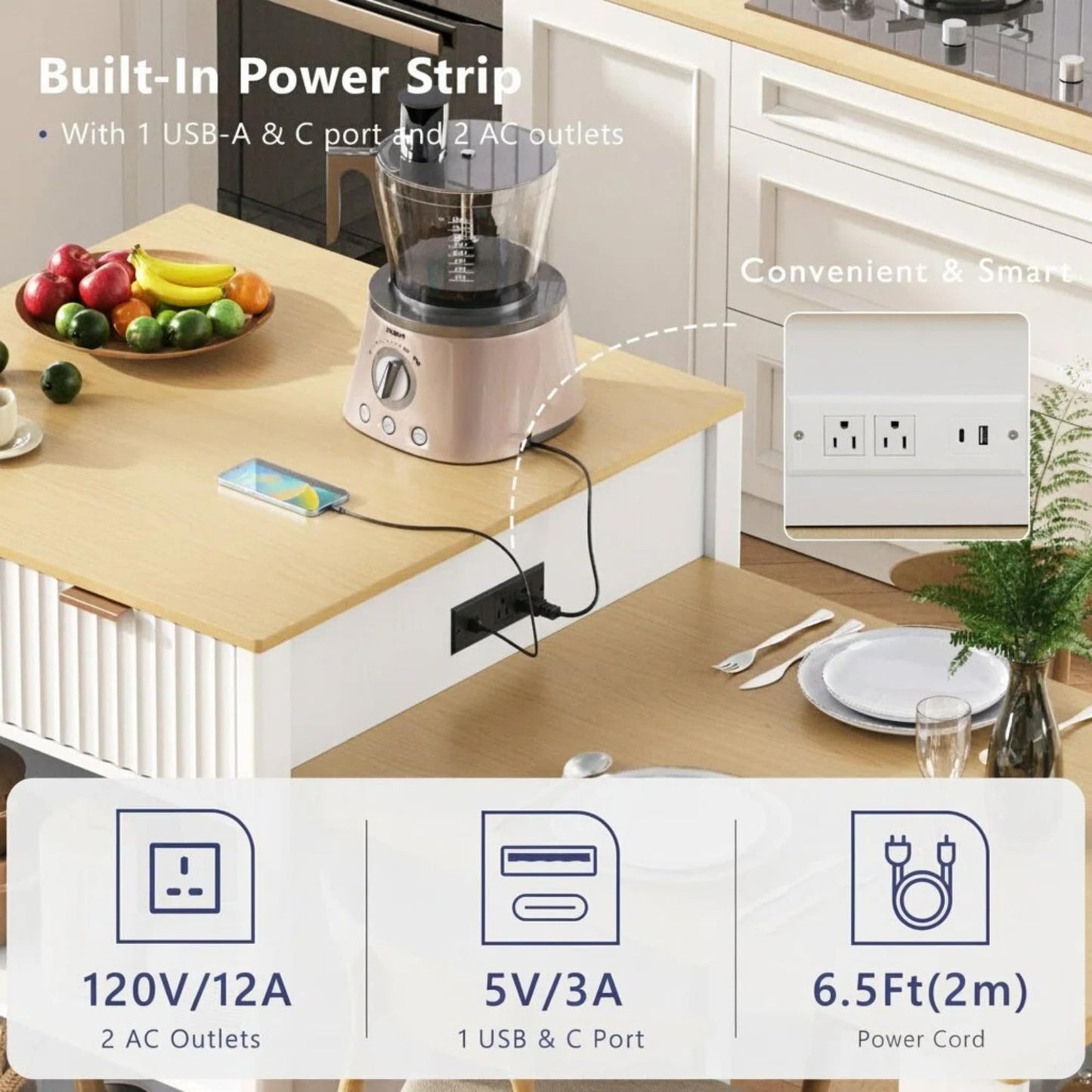 Trygoal 83" Extendable Kitchen Island with Drop Leaf Dining Table, White Rolling Storage Cart on Wheels with Power Outlet, Drawers & Cabinets, Anti-Wobble Central Caster, White