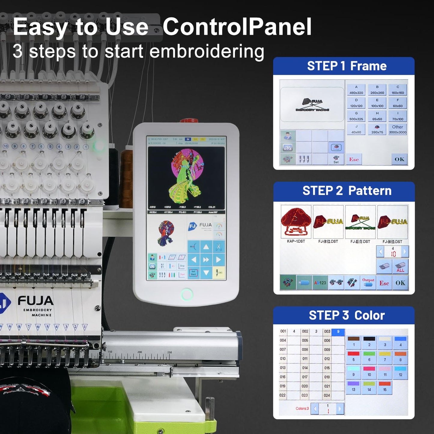 FUJA 15 Needle 14"x20" Large Area Commercial Embroidery Machine,1200 SPM High Speed, 10" Touch Screen, WiFi, Auto Color Change & Trim, for Hats, Jackets, Hoodies, T-Shirts and Patches