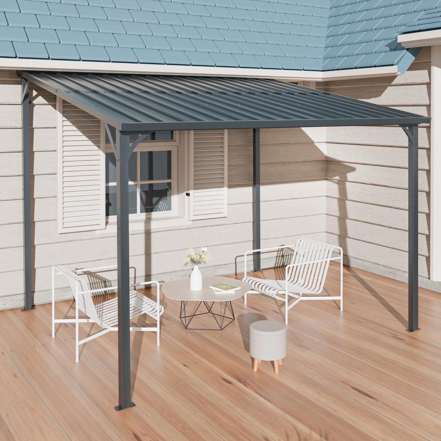 KEIKI 8x10 Ft Gazebo Outdoor, Hard Top Lean to Grill Gazebos Pergola with Roof, Backyard Waterproof Patio Covers for Shade & Rain, Wall-Mounted Large Heavy Duty Awnings for Outside Decks, Black