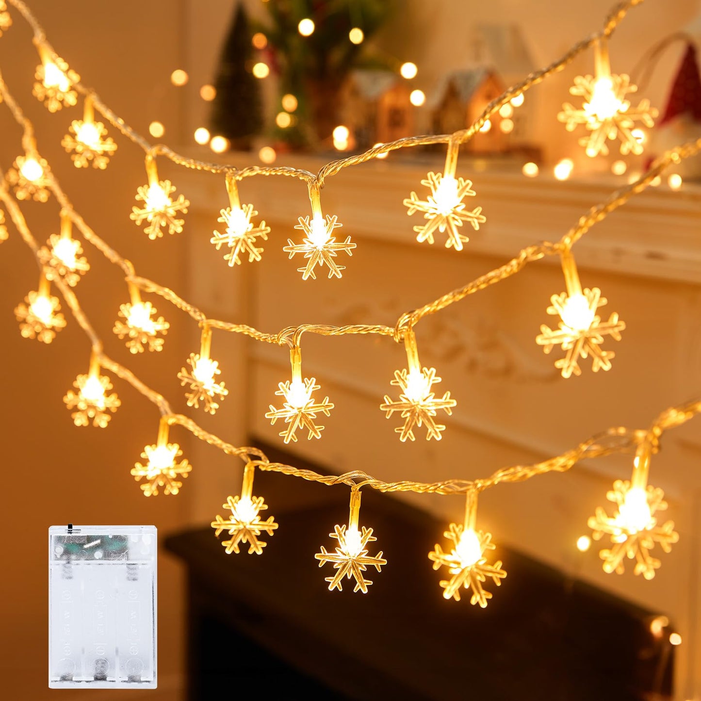 Minetom Snowflake String Lights, 50 LED, 26 Ft, Battery Operated, Waterproof, Warm White, 2 Pack