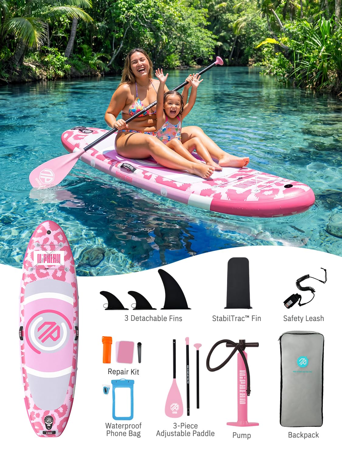 Niphean（Ultra-Light） Inflatable Paddle Board with StabilTrac Fin and Durable SUP Accessories, 10' Stand Up Paddle Boards for Adults & Youth, Versatile Yoga Paddle Board, Gift Ideas-Candy Leopard