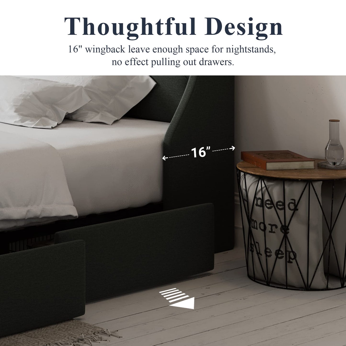 Allewie Queen Bed Frame with 4 Storage Drawers and Wingback Headboard, Button Tufted Design, No Box Spring Needed, Dark Grey