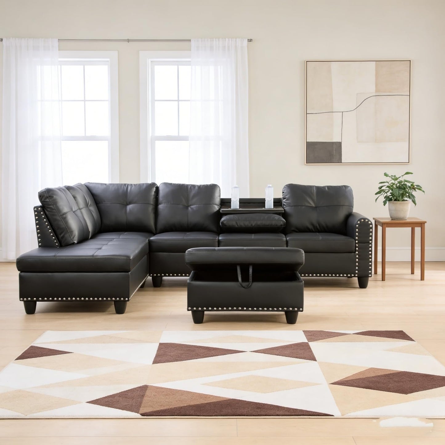Trygoal L-Shape Sofa with Storage Ottoman & Reversible Coffee Table, Leather Sectional Couch with Left Chaise, 3-Piece Sofa Set for Living Room, Upholstered Couch Set with Solid Wood Frame, Dark Grey