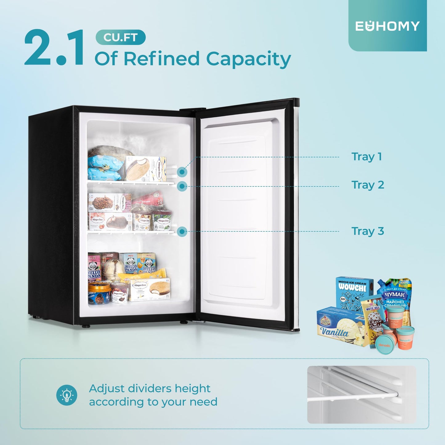EUHOMY 2.1 Cubic Feet Freezer, Single Door Compact Mini Freezer with Reversible Stainless Steel Door, Removable Shelves, Small freezer for Home/Dorms/Apartment/Office, New Silver