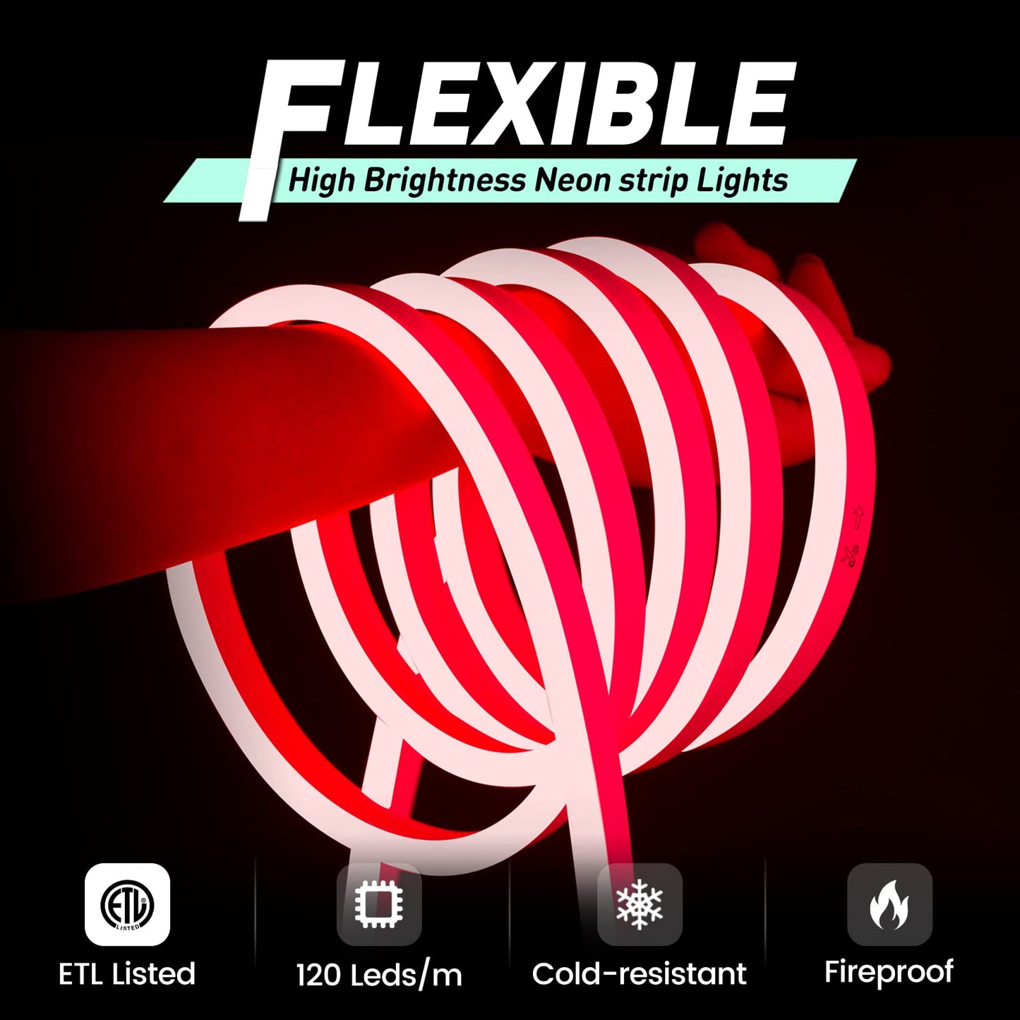 GZBtech Flexible LED Neon Rope Lights, 33FT, Waterproof, 120 LEDs/M, Red, Model 120V-ETL-Flexible-Red
