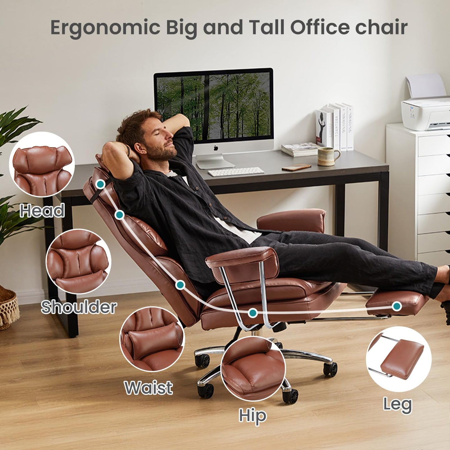 OLIXIS Home Office Desk Chair Comfy with Foot Rest, PU Leather Ergonomic Big and Tall High Back Support, 360° Swivel Wheels, Armrests and Detachable Pillow, Height Adjustable, Modern Brown